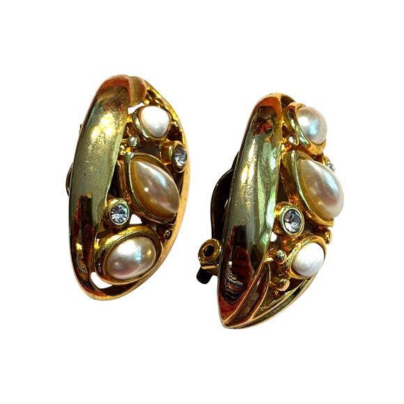 Chunky clip on earrings gold tone & faux pearls rhinestones vintage 80’s runway - Picture 2 of 8